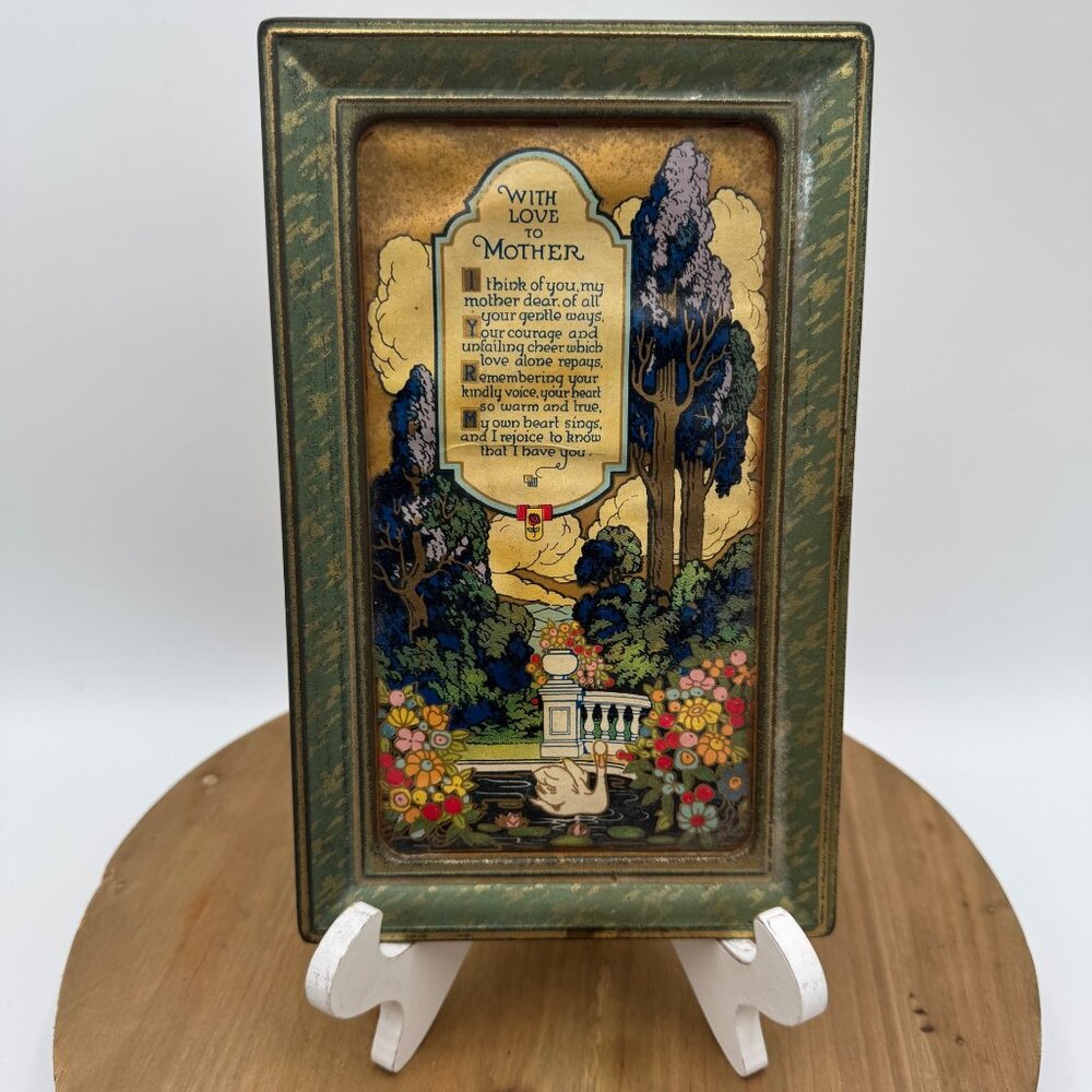 Vintage Green Tin Mothers Day Plaque With Poem & Swan Scene picture wall decor